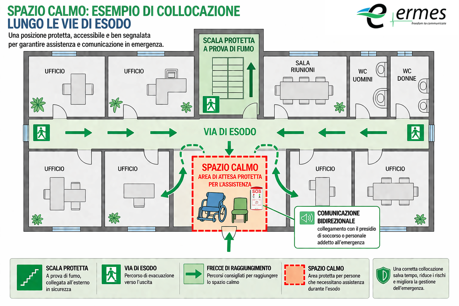 Schema di collocazione dello spazio calmo lungo le vie di esodo con scala protetta e percorsi di evacuazione